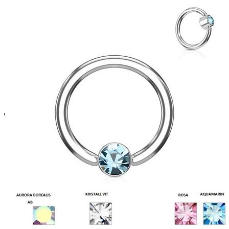 1 stk. Piercing ring i hærdet 316L kirurgisk stål 1,6x12 mm med CZ 4 Aquamarin