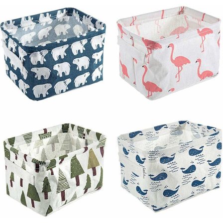 Set med 4 tygförvaringskorgar, små hopfällbara förvaringslådor, organiseringskorgar för hyllor och skrivbord eller smink