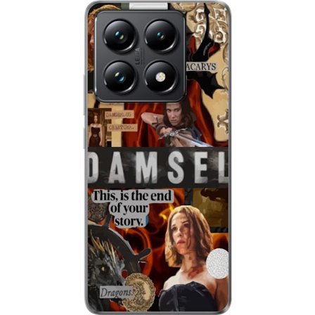 Kompatibelt Mobilskal till Xiaomi Xiaomi 14T Damsel-inspirerat collage med stark kvinnlig krigare, drakar, eld, svärd och citat, mörk fantasyestetik