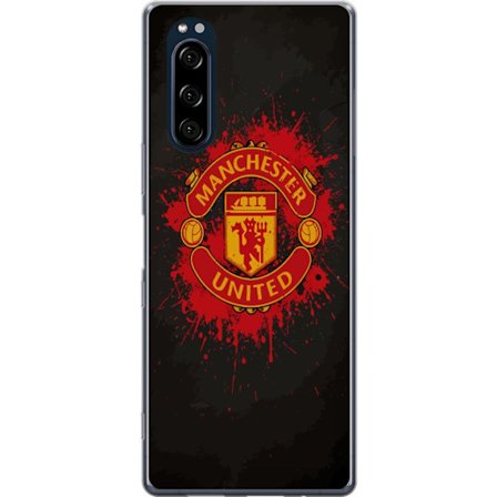 Kompatibelt Mobildeksel til Sony Sony Xperia 5 Manchester United logo i rød og gul farge med røff sportslig bakgrunn