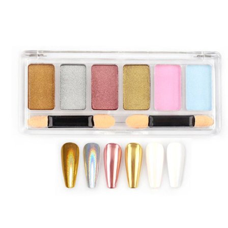Nagelkonst Solid Magic Mirror Powder Aurora Powder, 6-färgskombination, Tillverkad av PET
