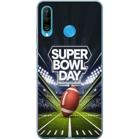 Kompatibelt Mobildeksel til Huawei P30 lite Super Bowl Day plakat med amerikansk fotball på opplyst arena i dramatisk sportsdesign