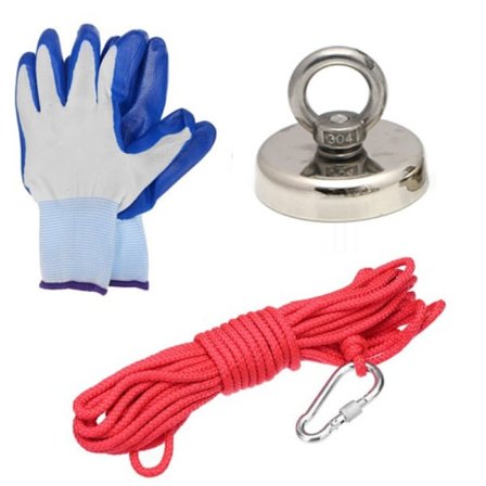 Metalldetektor neodymmagnet, vernehansker og tau 10 m/40 kg W
