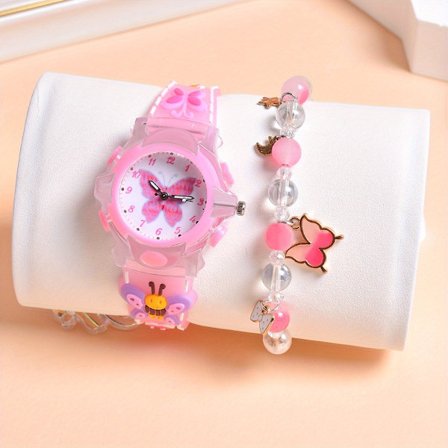 Ny stil 2 st/set 3D silikonbälte LED-blixt Luminous Quartz-klockor för barn Mode Blomma Fjäril Flickor Armbandsur med pärlarmband