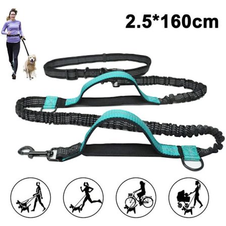 Jogging Hundeleash, Opgraderet Håndfri Hundeleash med To Bungees, Lang Nylon Hundeleash med Justerbar Talje Bælte til Løbetur, Vandgrøn