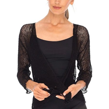 Kvinners gjennomsiktig sjal med blonder og knyting - Cardigan i lett strikk - SVART M