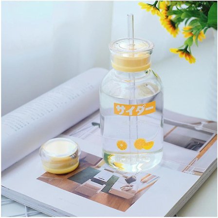 450ml Cartoon Frukt Barn Straw Vattenflaska Glas Gul