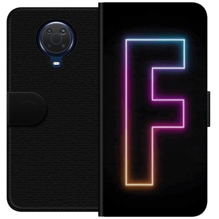 Yhteensopiva Lompakkokotelo Nokia Nokia G20 Neonkirjain F vaaleanpunaisella, sinisellä ja keltaisella valokehyksillä tummaa taustaa vasten, graafine