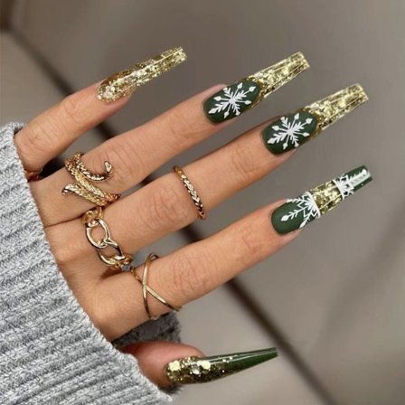 24 st vita press-on naglar långa, vita snöflinga falska naglar kista falska naglar med strass glitter desig