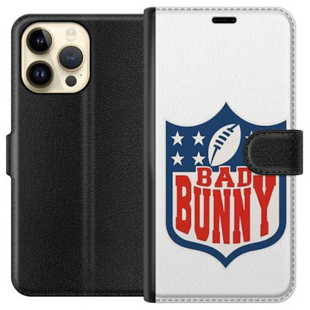 Kompatibel Tegnebogsetui til Apple iPhone 14 Pro Max Bad Bunny rød grafisk plakat med portræt og typografi i latinamerikansk popdesign
