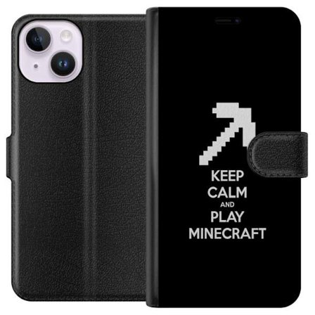 Kompatibelt Plånboksfodral till Apple iPhone 15 Behåll lugnet och spela Minecraft textposter med minimalistiskt gamer design för spelälskare.