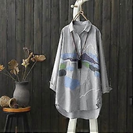 Vår och Höst Broderi Långärmad Bomull Linne Skjorta Dam Randig Konst Stor Storlek Lös Skjorta Topp Dam (XL grå)