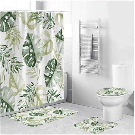 4-delars duschdraperisets växter, vårpalm blad tryckta på vit husbil duschdraperi, vattentät