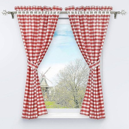 Set med 2 mörkläggningsgardiner perforerade med 2 rutiga fönsterdekorationer för sovrum, röd H/B 120/80cm