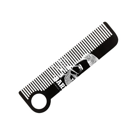 Avaimenperään kiinnitettävä ruostumattomasta teräksestä valmistettu hius- ja partakampa, hoito- ja muotoiluväline