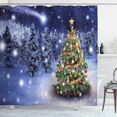 Julegardin, Elf Jul Tema Vinter, Stoff Baderomsdekorsett med Kroker, 120cm x