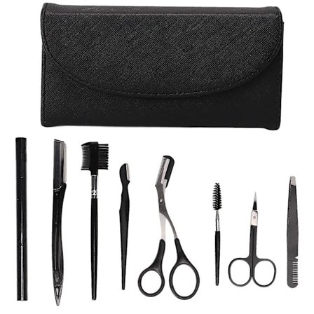 Eyebrow Grooming Kit - 8 st rostfria skönhetsverktyg, svart, rostfritt stål, med förvaringsväska
