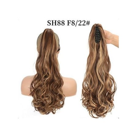 Lang bølget hestehale med clips, brun syntetisk hårforlængelse til kvinder Model 2