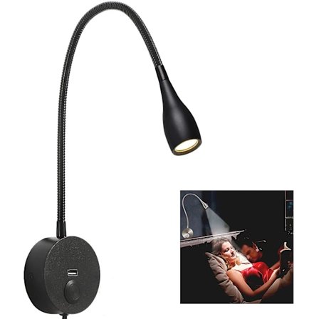 Dimbar sänglampa, minimalistisk LED-sängläslampa, väggmonterad sänggavel med USB-laddare (matt svart)-XF6-