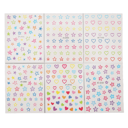 6 ark Star Heart Nail Stickers Självhäftande Mix Färg Olika mönster Manikyrdekaler