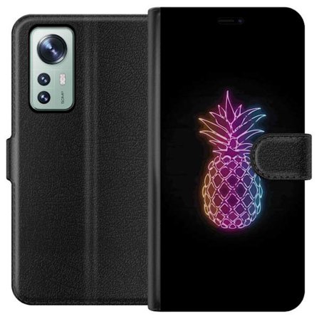 Yhteensopiva Lompakkokotelo Xiaomi Xiaomi 12 Neonkuvitus ananaksesta värikkäässä valossa mustaa taustaa vasten
