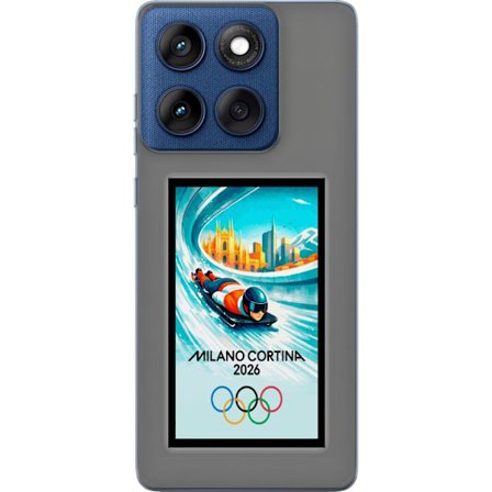 Yhteensopiva Puhelinkuori Motorola Edge 60 Dynaaminen kelkkailija tai skeleton-ajaja jääkanavalla Milanon Cortina 2026 kanssa, kaupunkinäkymä ja olymp