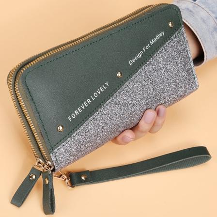 Kvinners lommebok myntveske Lang sying i koreansk stil Dobbel glidelås Kortholder med flere kortspor Green