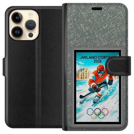 Kompatibelt Lommeboketui til Apple iPhone 14 Pro Max Curlingillustrasjon med spillere og stein på is, Milano Cortina 2026, snøsprut og olympiske ringe