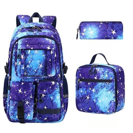 Skolerygsæk til piger, 3-delt sæt med madkasse og Kawaii-design_TF_TF Blå