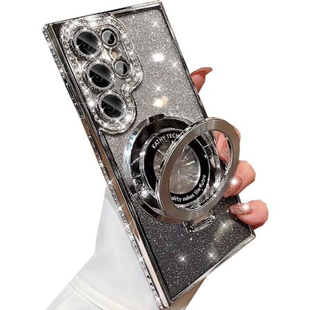 Samsung Galaxy S25 Ultra Magneettinen Jalusta Glitter Kuori, [Yhteensopiva Magsafen Kanssa] Söpö Kimalteleva Timantti Strassi Cameella