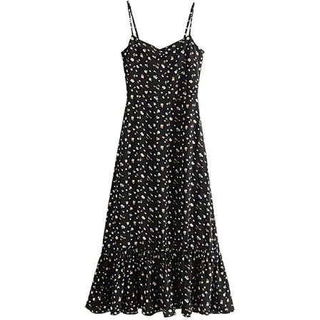 Svart Blommig V-ringad Tunn Hängsel Klänning Lång Kjolkjol