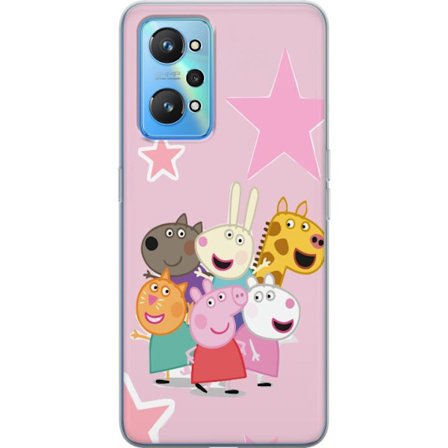 Yhteensopiva Puhelinkuori Realme GT Neo2 Peppa Possu ja ystävät kerääntyneinä tähtien kanssa vaaleanpunaisella taustalla, värikäs lasten kuvit