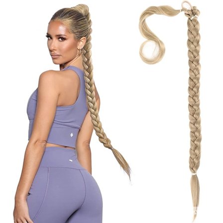 Lång flätad hästsvans med förlängd hårförlängning, rakt och elegant hår som omsluter flätan, långsträckt flätad hästsvans med naturlig volym 78