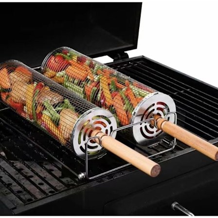 Pakke med grillkurver i rustfritt stål med avtakbare trehåndtak,