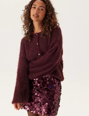 Bubbleroom Fluffy Knitted Pearl Cardigan - Burgundy - M