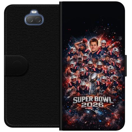 Yhteensopiva Lompakkokotelo Sony Xperia 10 Super Bowl 2026 juliste, jossa New England Patriots ja NFL-mestaruuspalkinto räjähtävän urheilullisessa suu