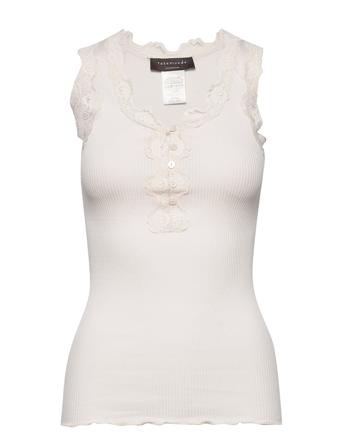 Silk Top W/Button & Lace Top Ærmeløs Top Creme Rosemunde