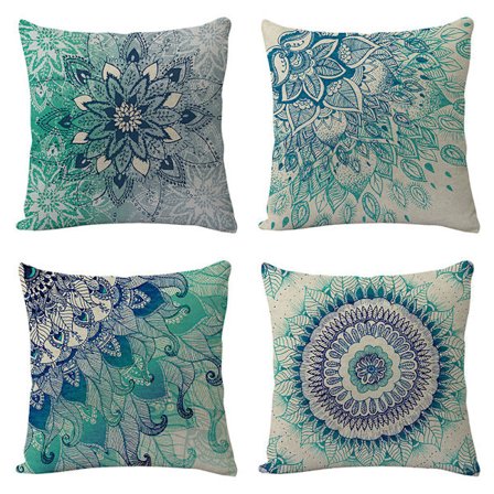 Boho-tyylinen koristeellinen sininen mandala-tyynynpäällinen, 4 kappaleen sarja, pellavakangaspainatus