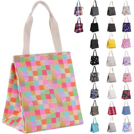 Isoleret madkasse til kvinder, holdbar, bred åbning, foldbar og bærbar madkasse med indvendige lommer, vandtæt, termisk køletaske til voksne plaid