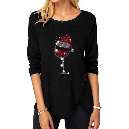 Dam Knappar Dekor Långärmad T-shirt Oregelbunden Fåll Baggy Toppar