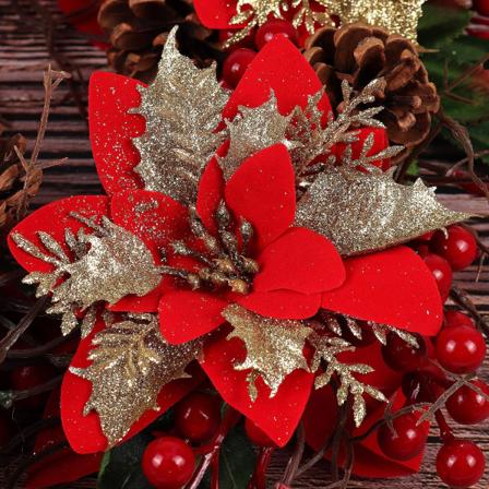 Heyone 10 stk. Rød Guld Jule Glitter Kunstige Julestjerne Blomster 6 tommer Julekrans Juletræ Blomster Ornamenter (Rød+Guld)