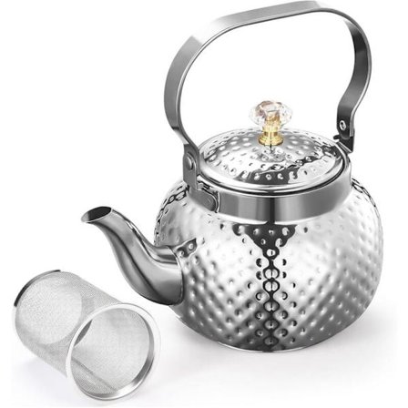 Rustfrit Stål Tekande med Infuser 1,2 L, Tekande med Aftagelig Filter til Filtrering af Te eller Andre Teer, Sølv