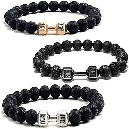 3 stk. Traintough dumbbell armbånd, højkvalitets perlearmbånd til mænd vulkansk lavasten dumbbell armbånd gaver til mænd