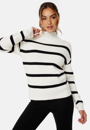 VILA Viril Mockneck L/S Knit Rib Top XXL White Alyssum Stripes:BLACK Strikkede trøjer Dam