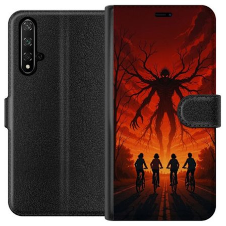 Yhteensopiva Lompakkokotelo Honor Honor 20 Tumma Stranger Things -inspiroima kauhukuvaus punaisilla taivaalla, hirviöhahmo ja pyöräilevät lapset d
