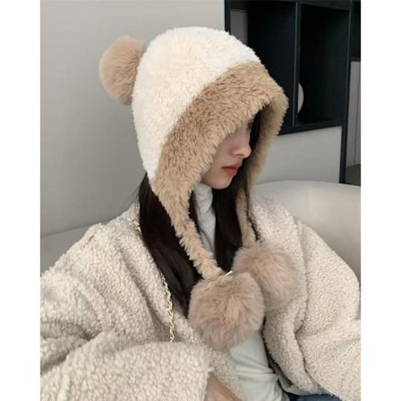 Vinterlue, fleeceforet fargeblokkert strikket lue, hvit