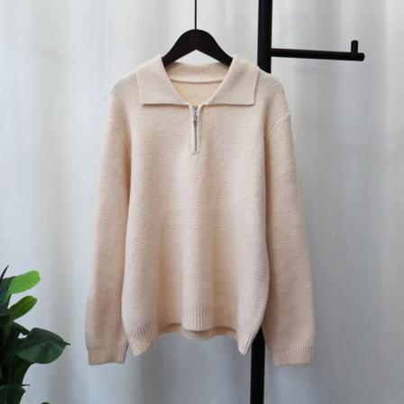 Kvinder strik efterår vinter sweater revers lynlås ensfarvet koreansk stil løs pullover Beige 58*56*106cm