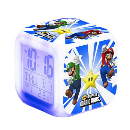 Super Mario Bros Tema 7 Farve Skiftende Digital Termometer Vækkeur Med LED Display Cube Natlys Sengekants Hjemmeindretning Legetøj Gaver Til Børn A