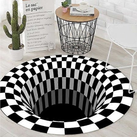 3D Optisk Illusion Rund Matta Halkfri Golvmatta, Svart Vit Non-woven Dörrmatta för Sovrum Vardagsrum Heminredning Matta Kuddar A(60cm)