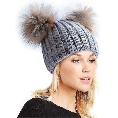 Vinterhue til damer med dobbelt pompon, fleeceforet hue med kvast, strikket imiteret pels-pompon